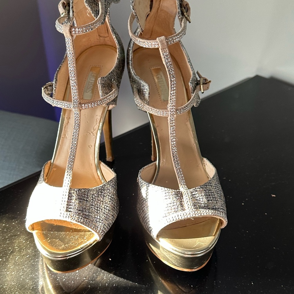 Elegant Silver & Gold T-Strap Stilettos by Guess. Size 8.5